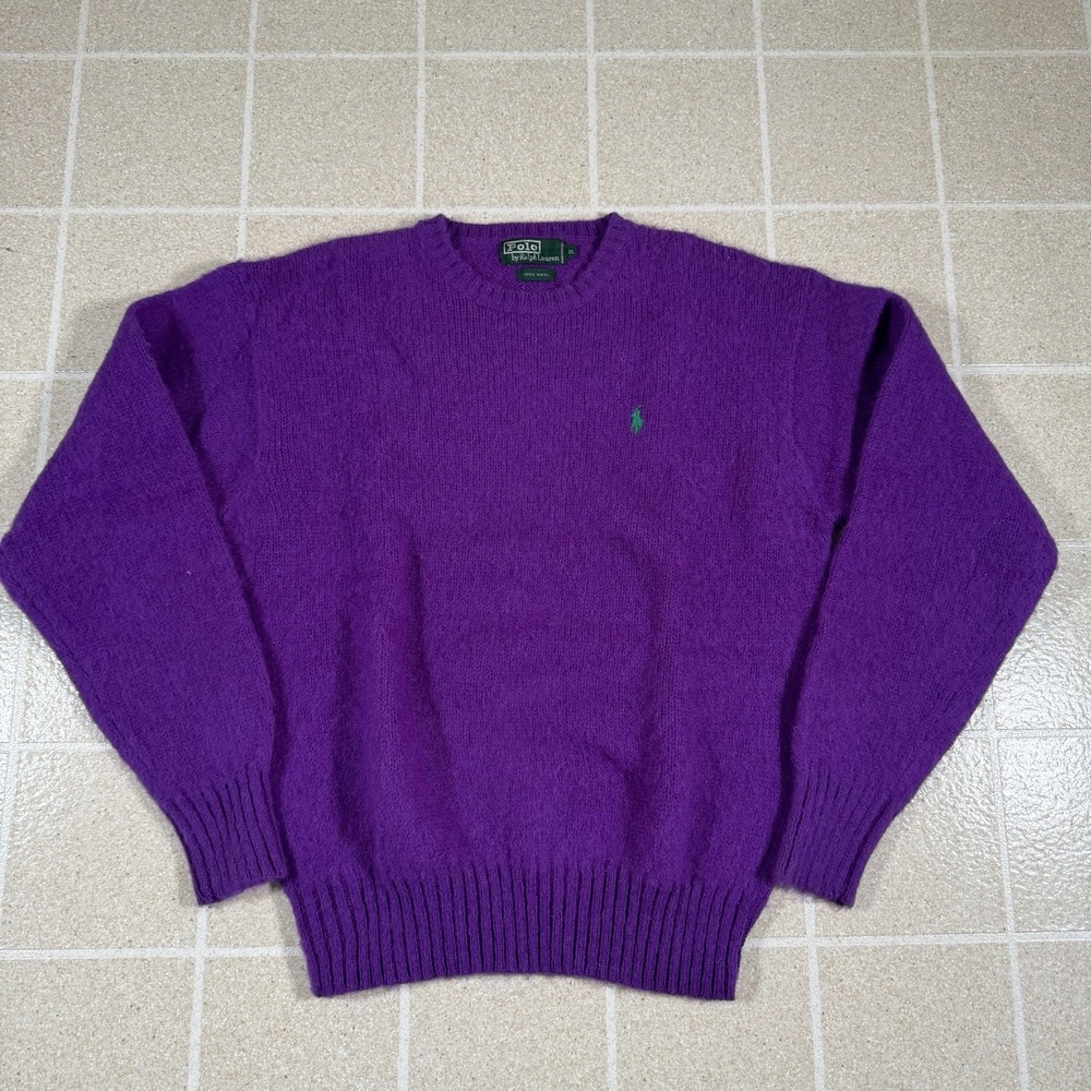 VTG Polo Ralph Lauren Purple 100% Wool Crewneck Sweater Women's XL Green Pony
